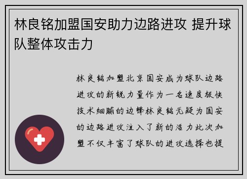 林良铭加盟国安助力边路进攻 提升球队整体攻击力