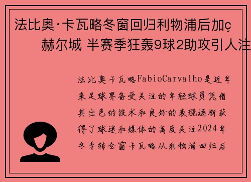 法比奥·卡瓦略冬窗回归利物浦后加盟赫尔城 半赛季狂轰9球2助攻引人注目